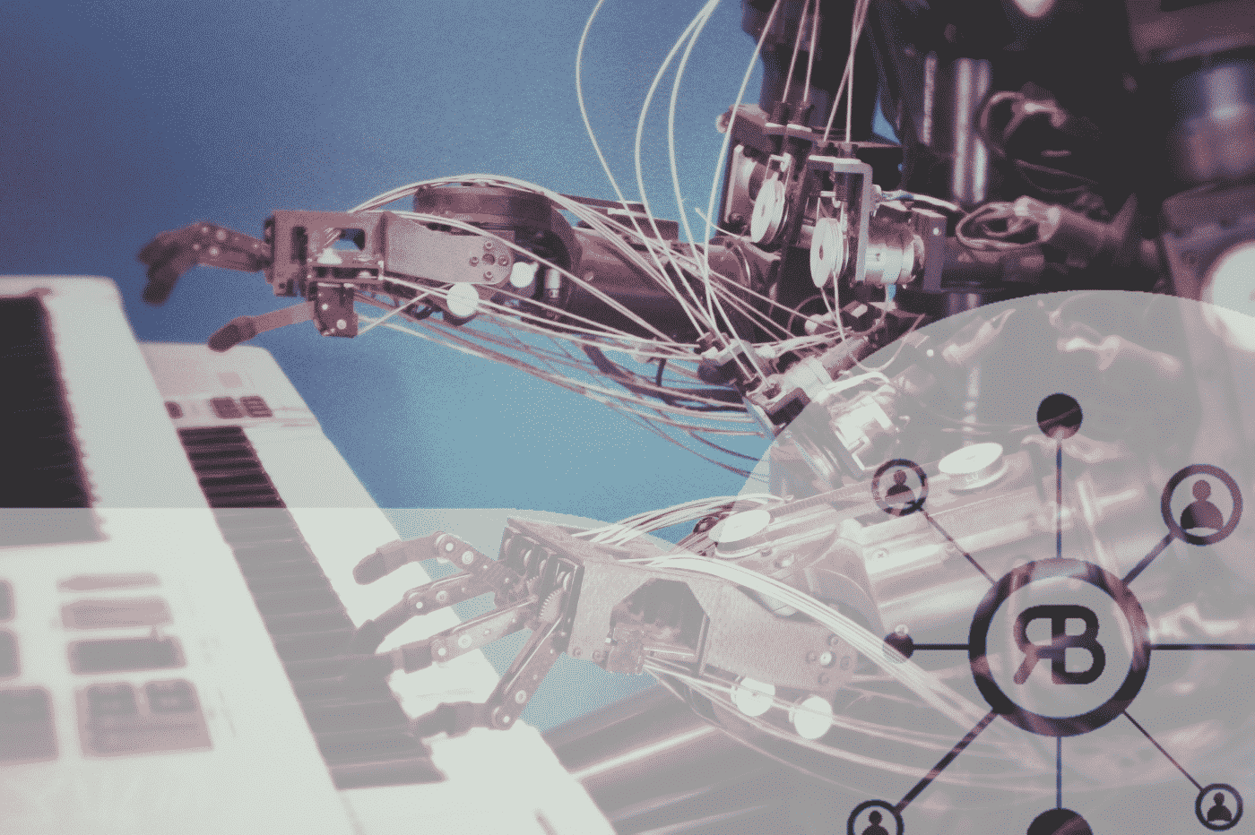 Intelligence Artificielle jouant du piano avec logo Richard Bulan incrusté sur le devant