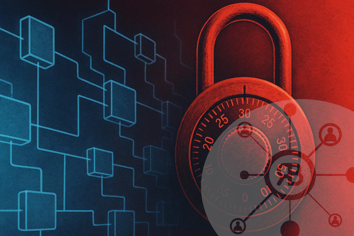 image bleu et rouge, sur la partie bleu, une série de block symbolisant la blockchain est présent. Sur le coté rouge, un cadenas symbolise le RGPD. Logo de RB Praeceptor