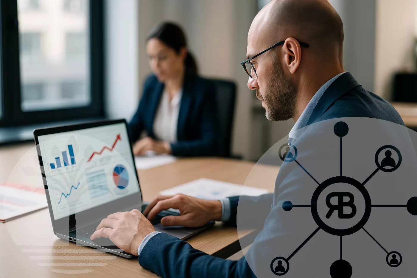 Growth hacking entre levier et mirage avec homme chauve devant un ordinateur montrant des KPIs et dessus les logos de RB Praeceptor et de Baalinov