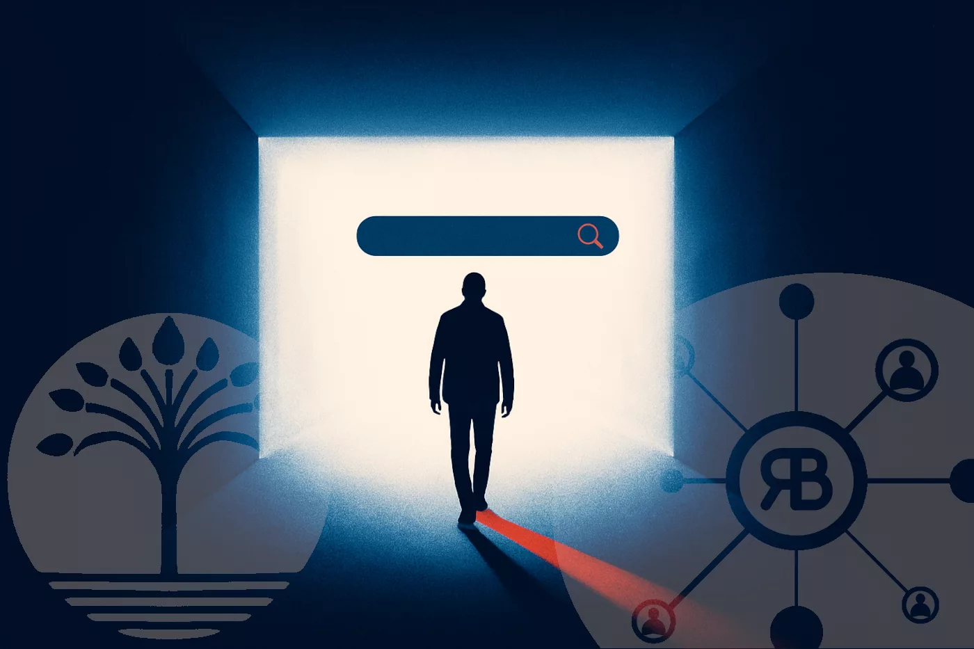 SEO éthique homme marchant vers la lumière blanche avec une barre de recherche au dessus de lui présence du logo de RB Praeceptor et de BaalInov