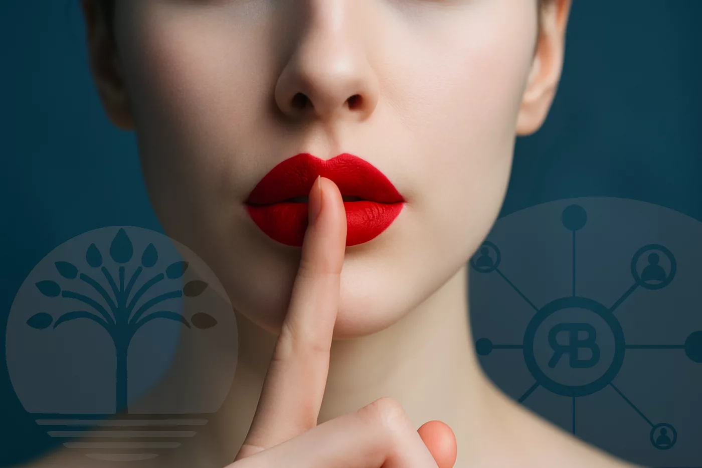 silence communication levre de femme rouge avec doigt devant les lèvres et logo Baalinov et RB Praeceptor