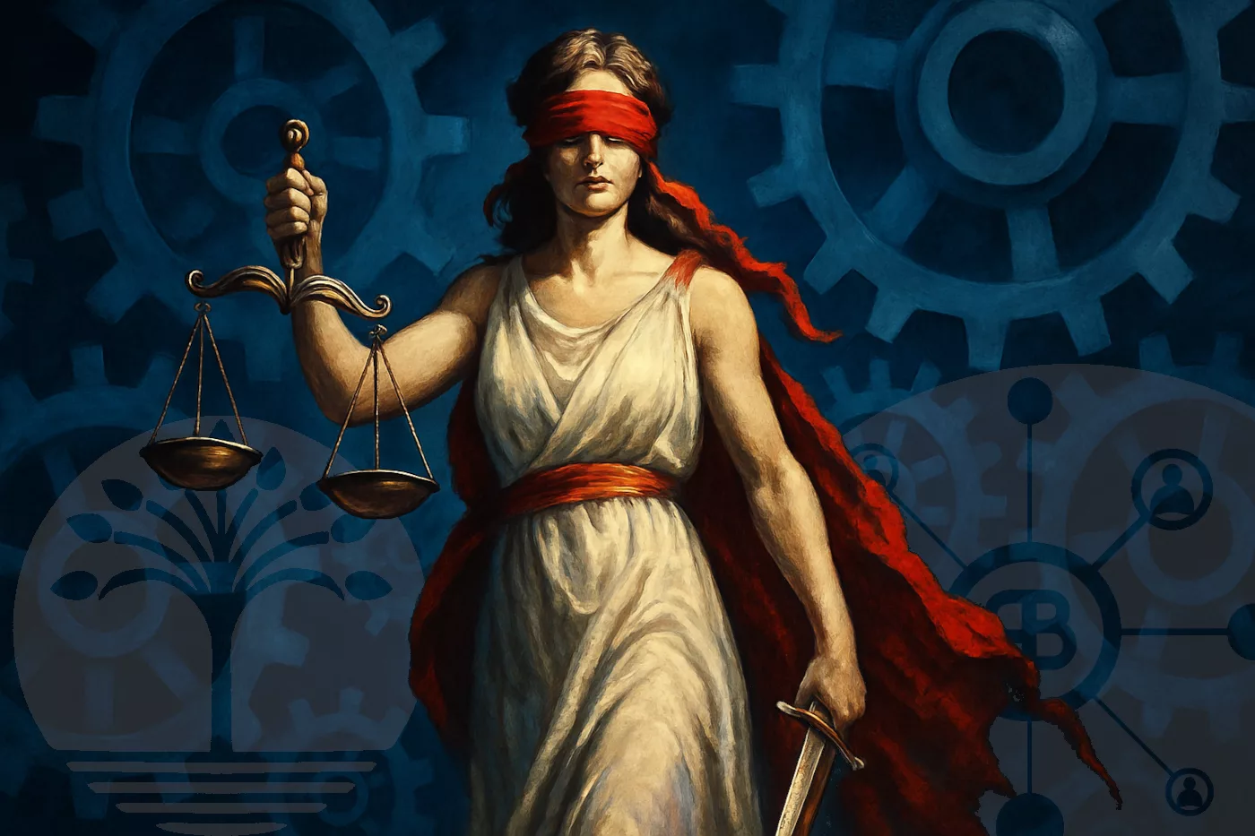 IA Thémis avec épée et balance logo RB praeceptor et Baalinov et mur d'engrenage bleu