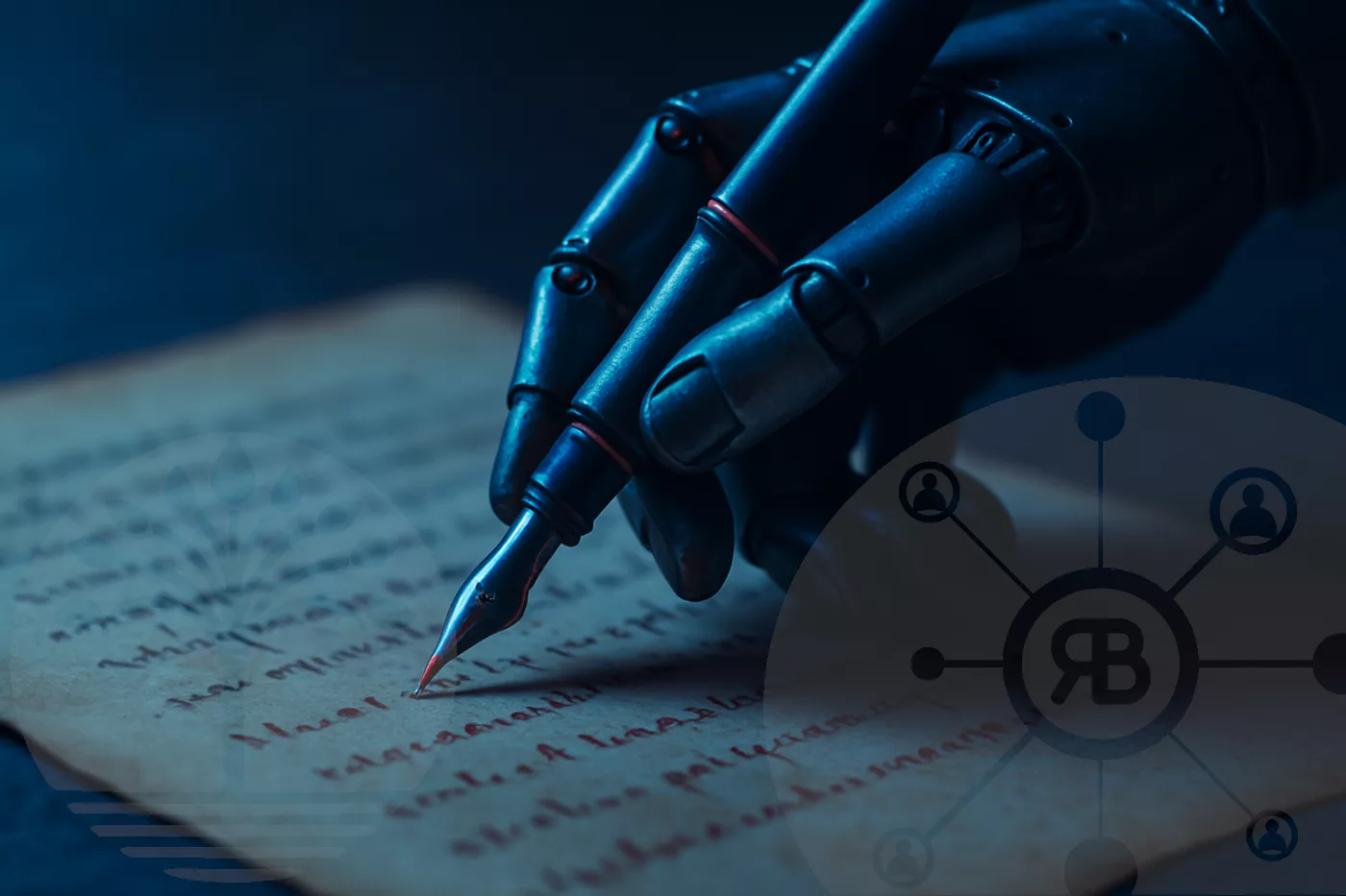 design narratif et ethique du récit avec une main robotique tenant un stylo plume écrivant sur une feuille avec logo RB Praeceptor et Baalinov
