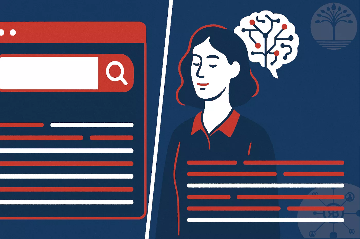 coté gauche représentation graphique d'un moteur de recherche avec barre de recherche et à droite une représentation d'une IA avec des neurones artificielles avec logo baalinov et RB Praeceptor