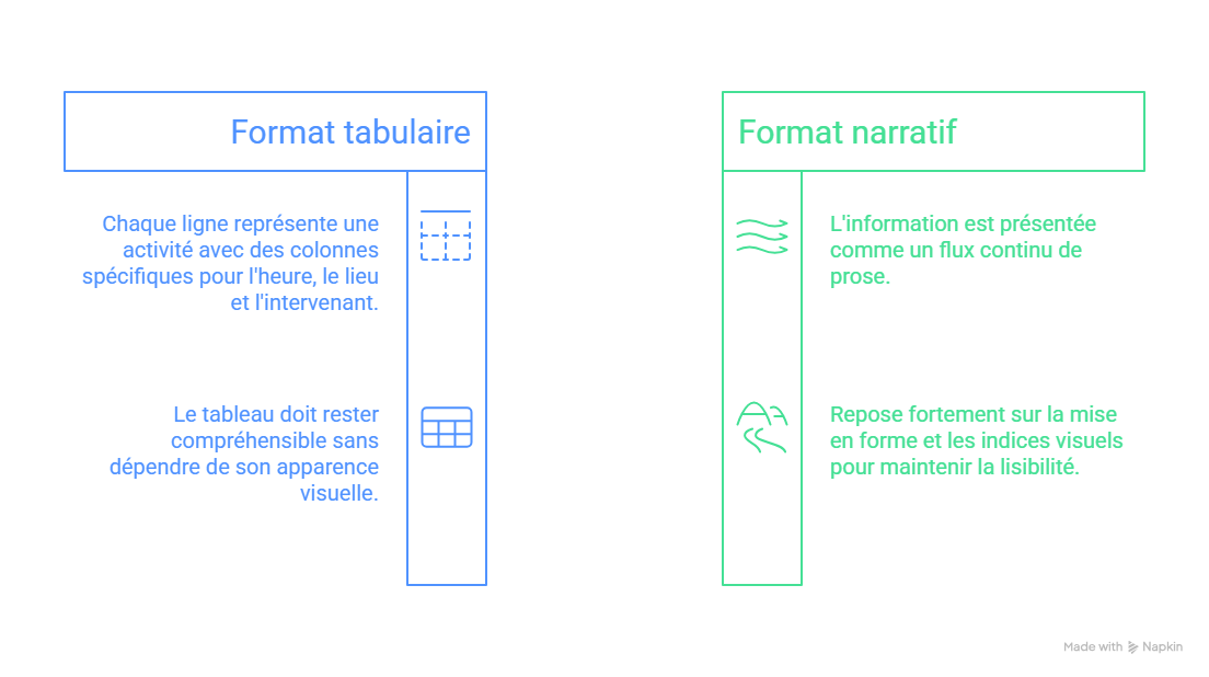 Exemple de programme d'événement présenté dans un tableau HTML structuré