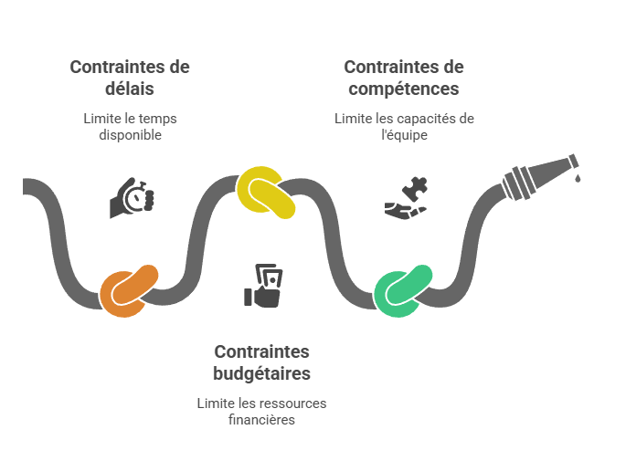 Illustration des contraintes de délais, budget et compétences